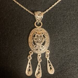 Turkish Sterling Necklace w/ Pendant Ornate Scrolling, Flower & Dangles by DGS